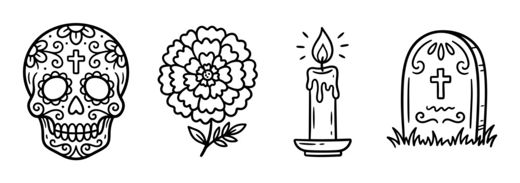 Sugar skull, marigold flower, burning candle, and tombstone icons, Day of the Dead celebration vector illustration set