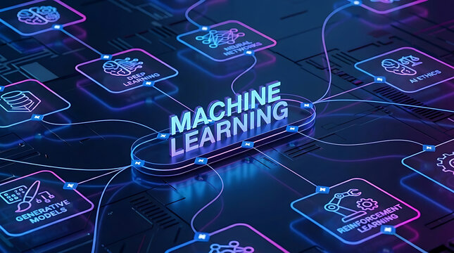 Futuristic machine learning flowchart concept with glowing neon nodes representing deep learning, generative models, and AI ethics 