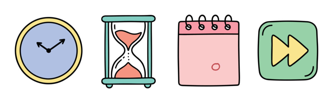 Clock, hourglass, calendar, and fast forward button icons representing time management and scheduling in a cute doodle style vector illustration