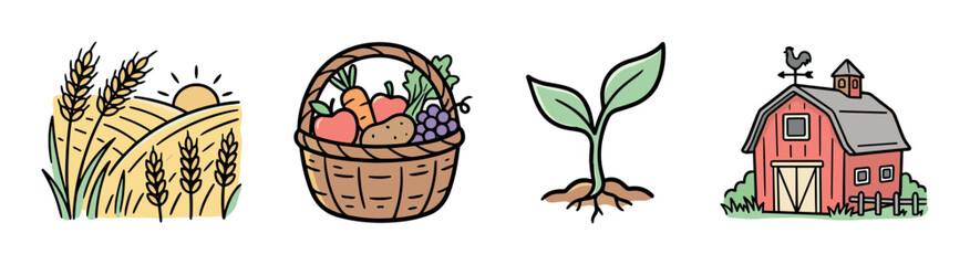 Obraz premium Wheat field, harvest basket, growing sprout, and red barn icons, representing agriculture and farming in a hand-drawn vector illustration style