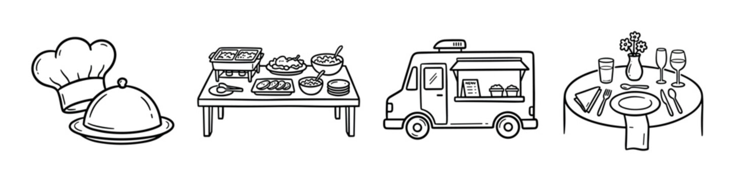 Chef hat cloche buffet table food truck dining table icons doodle hand drawn vector illustration set