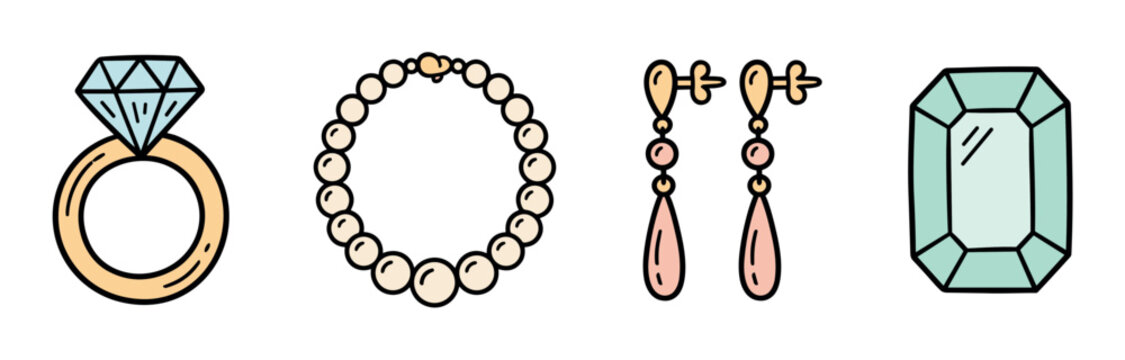 Diamond ring, pearl necklace, dangle earrings, and emerald gemstone jewelry icons, vector illustration