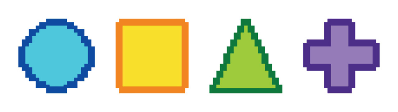 Diamond rectangle triangle plus sign pixel art shapes vector illustration set for retro gaming design