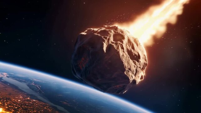 Massive asteroid entering Earth orbit with fiery trail, cinematic space disaster scene with rugged rock surface, glowing impact heat, planetary horizon and dramatic sci fi astronom
