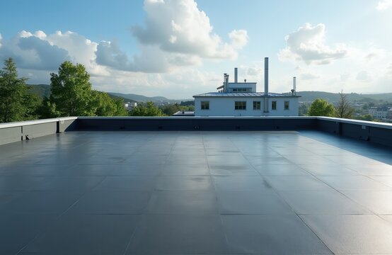 Modern flat roof surface with dark waterproof membrane. Building and green trees visible beyond parapet under blue sky with clouds. Cityscape in distance.