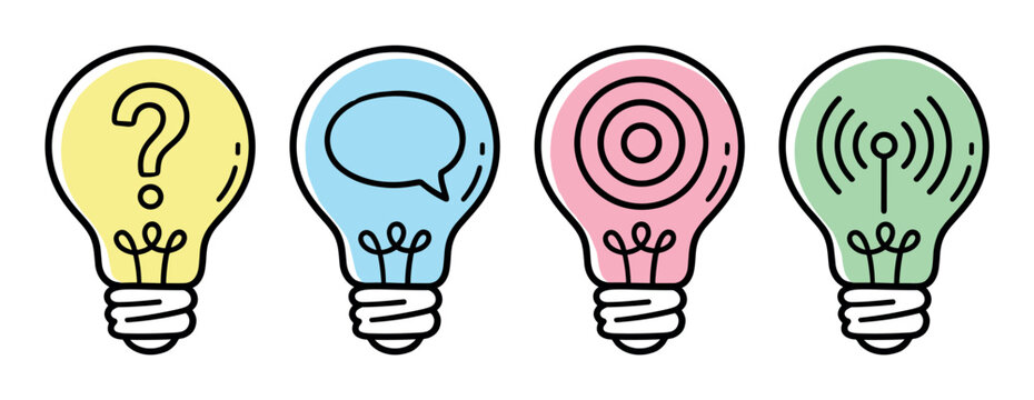 Question mark speech bubble target signal light bulbs icons set, representing ideas, communication, and solutions in a colorful flat design style