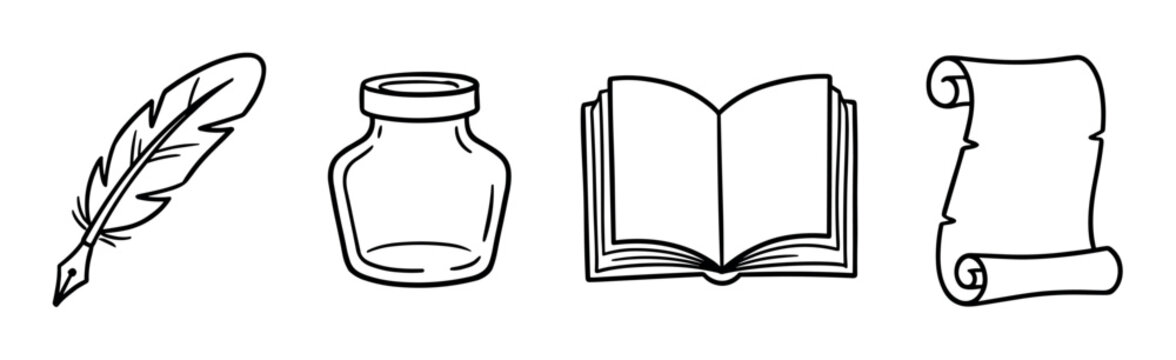 Feather quill inkwell open book scroll icons representing writing, literature, and education in a simple line art style