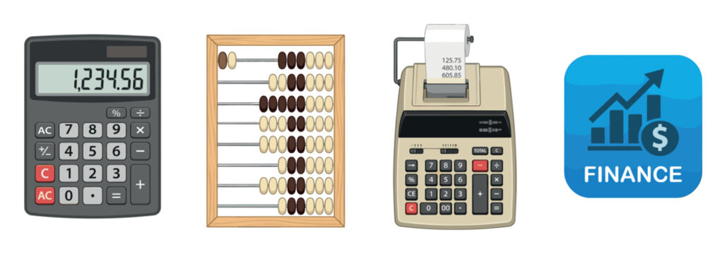 Modern electronic calculator, traditional abacus, vintage adding machine, and finance app icon vector illustration set