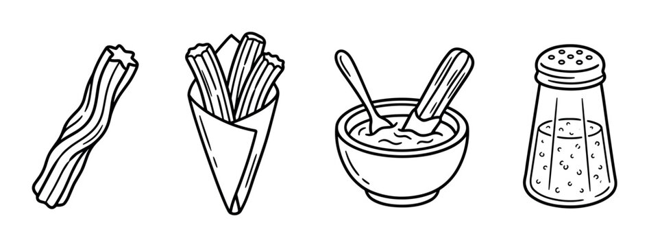 Churro stick, churros in paper cone, churro with spoon in chocolate dip, and sugar shaker icons, hand drawn doodle style vector illustration set