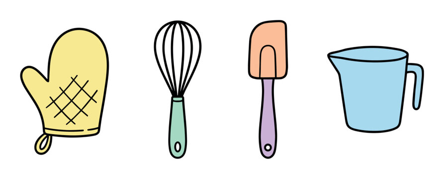 Oven mitt whisk spatula measuring cup kitchen utensils icons set, cute hand drawn doodle style vector illustration for cooking and baking