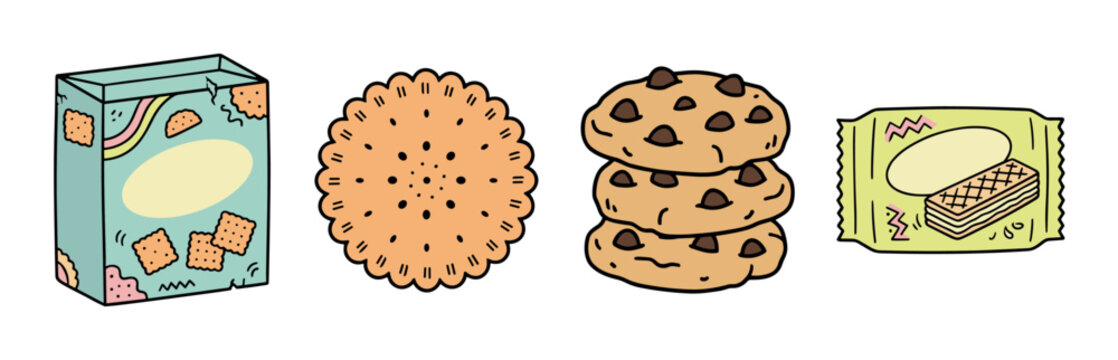 Cracker box, round biscuit, stacked chocolate chip cookies, and wafer snack package vector illustration set for food concepts