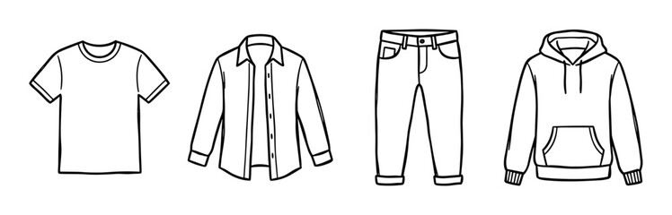 Naklejka premium T-shirt, button-up shirt, jeans, and hoodie clothing items vector line art illustration set for fashion design
