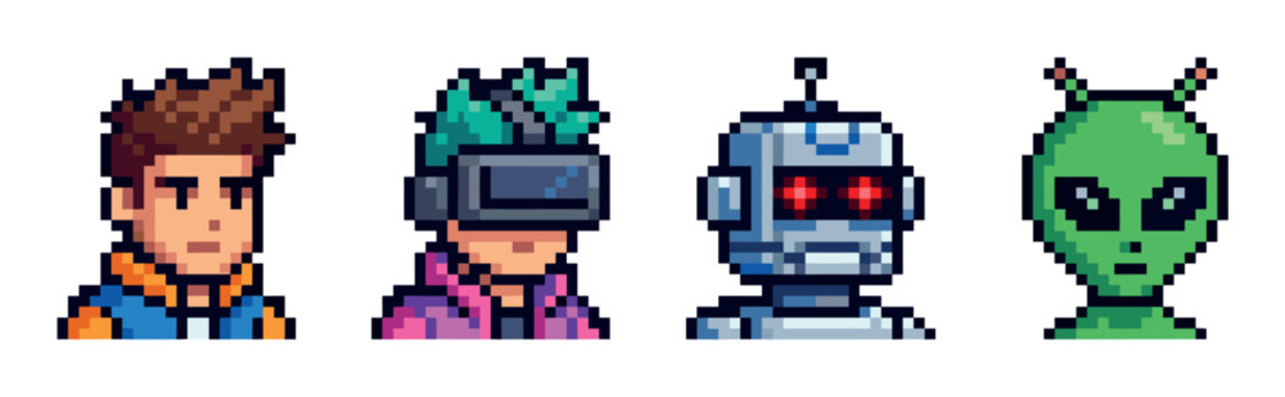 Human, VR user, robot, and alien pixel art avatars or profile pictures, retro 8-bit game style vector illustration