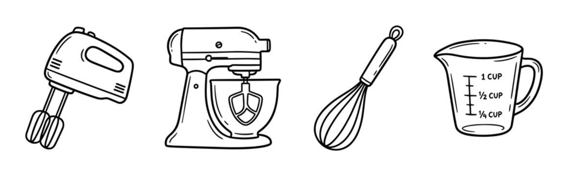 Hand mixer, stand mixer, whisk, and measuring cup kitchen baking tools doodle vector illustration set for cooking and culinary projects