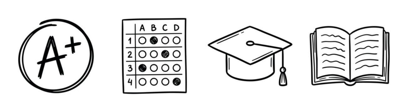 Graduation cap, open book, A+ grade, and multiple choice test sheet icons, hand drawn doodle style vector illustration for education and learning concepts