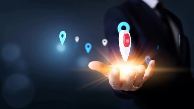 Businessperson holding glowing retail store location icon, local business and franchise search concept with map pins, shop network, digital marketing, geolocation and commercial se