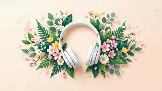 White headphones centered amid colorful flowers and green leaves. Artistic fusion of music and nature themes. Botanical audio design concept for spring inspiration and environmental harmony