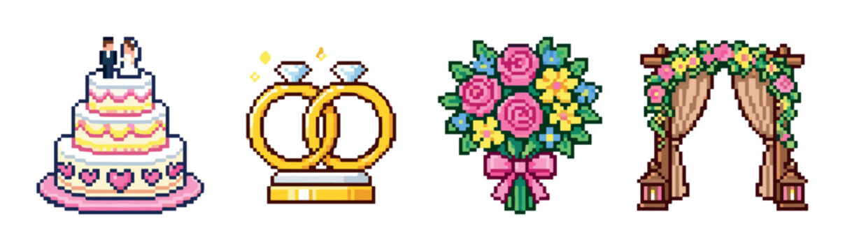 Wedding cake rings bouquet arch icons, pixel art style vector illustration for retro video games or 8-bit graphic designs