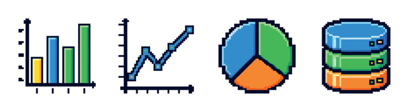 Bar chart, line graph, pie chart, and database icons representing data visualization and analytics in a pixel art style vector illustration