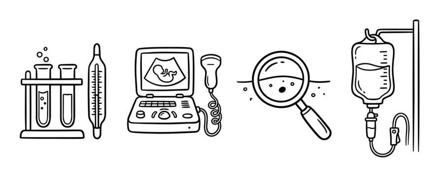 Medical test tubes, thermometer, ultrasound machine, magnifying glass, and IV drip icons, hand drawn doodle style vector illustration for healthcare and diagnostics