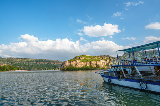 The scenic sunset views of the Rumkale, a ruined fortress on the Euphrates, located in the province of Gaziantep and 50 km west of Şanlıurfa, Turkey