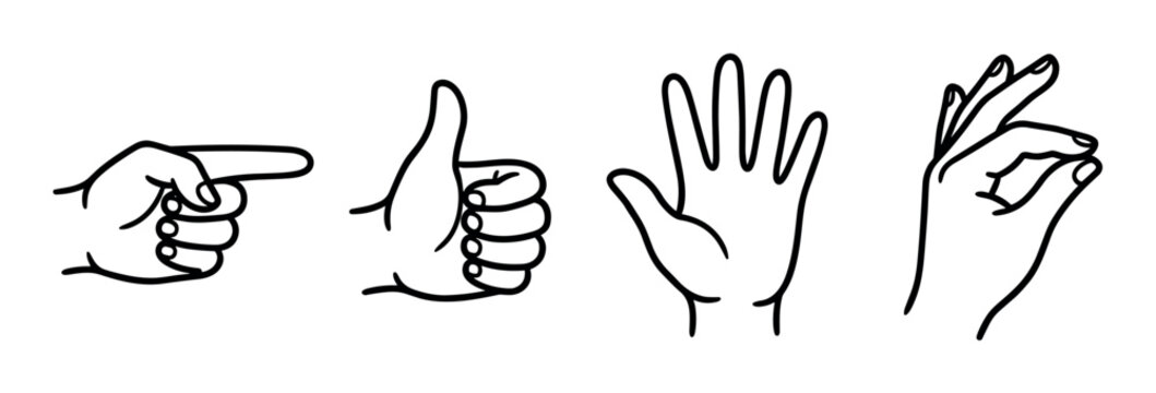 Human hands pointing, giving thumbs up, showing open palm, and gesturing with fingers vector illustration set