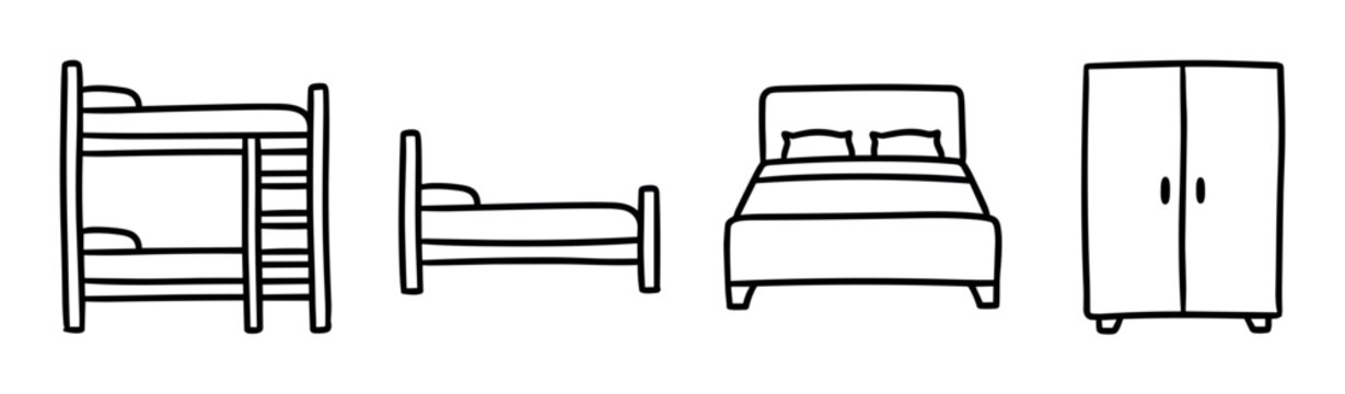 Bunk bed, single bed, double bed, and wardrobe furniture icons in a simple outline style vector illustration set