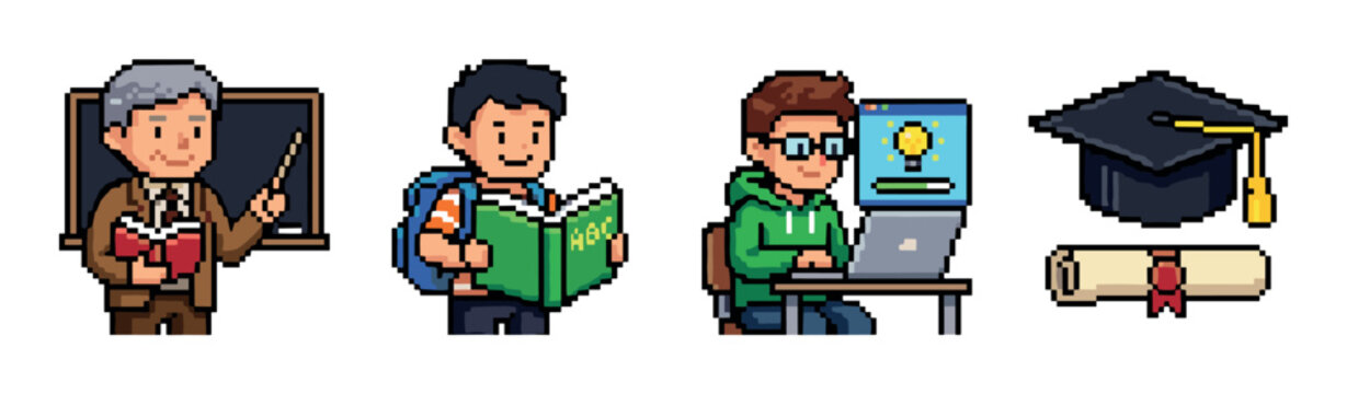 Teacher student laptop graduation cap diploma icons set, representing education, learning, and academic achievement in pixel art style