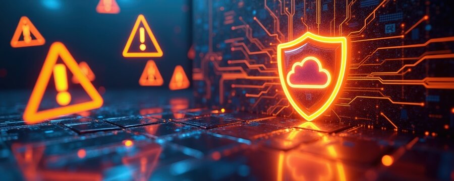 Cyber security shield protects cloud data from warning signs. Glowing network lines, circuits show digital threat prevention. Secure vault offers data safety, backup protection against cyber attacks.