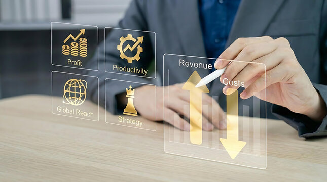 Businessman Monitoring Profit Productivity and Revenue Growth with Digital Financial Analytics Dashboard