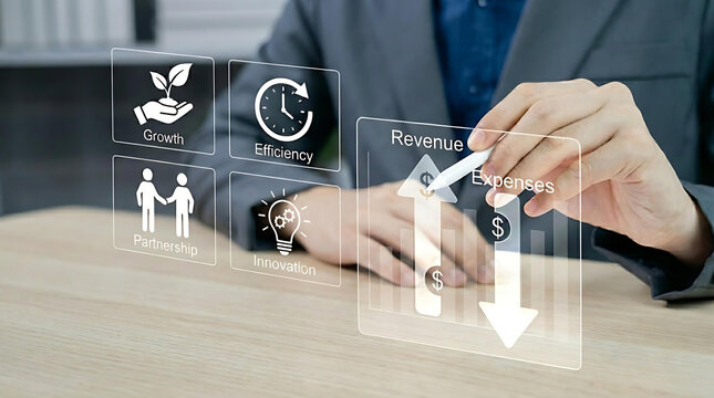 Businessman Analyzing Revenue Growth and Financial Performance with Digital Marketing Analytics Interface