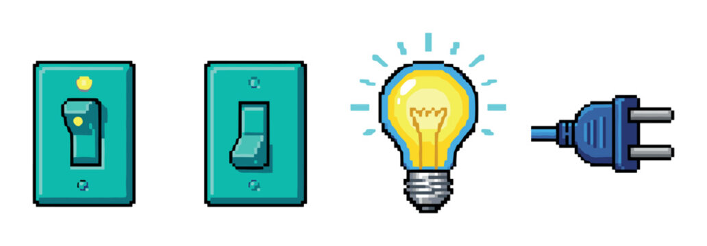Light switch on off positions, glowing light bulb, and electrical plug pixel art vector illustration set for energy concepts