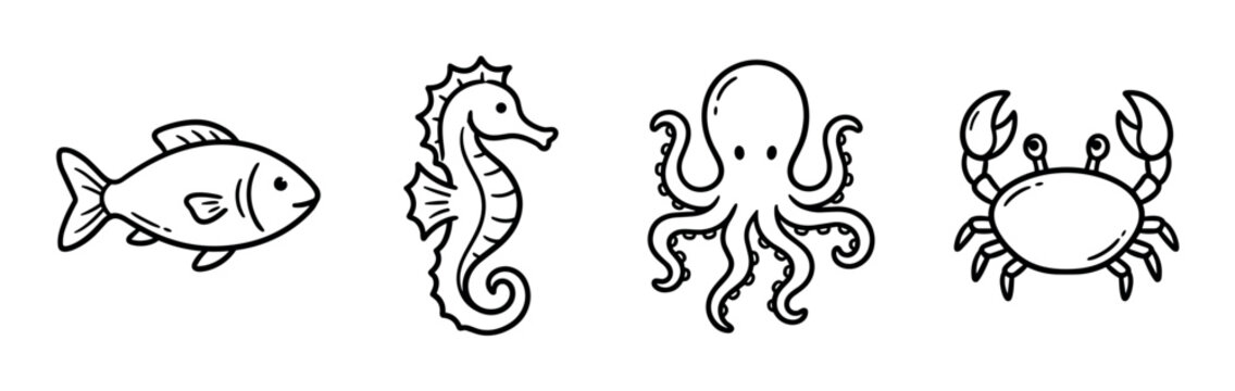 Fish seahorse octopus crab marine animals icons set, simple line art style vector illustration for ocean life and underwater concepts