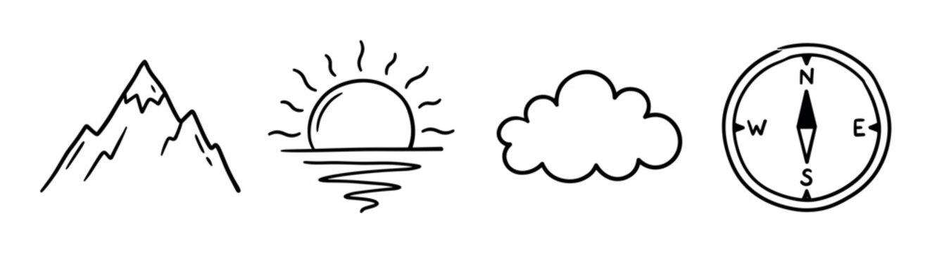 Mountain peak, rising sun, fluffy cloud, and compass icons, hand-drawn doodle style vector illustration for nature and adventure themes