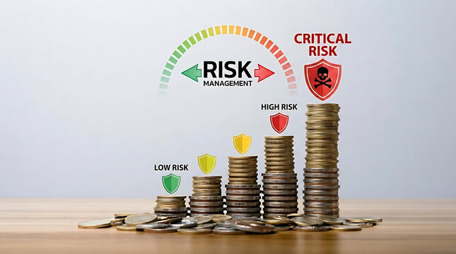 Critical Financial Risk Concept with Rising Coin Stacks and Risk Meter Showing High Business Investment Danger