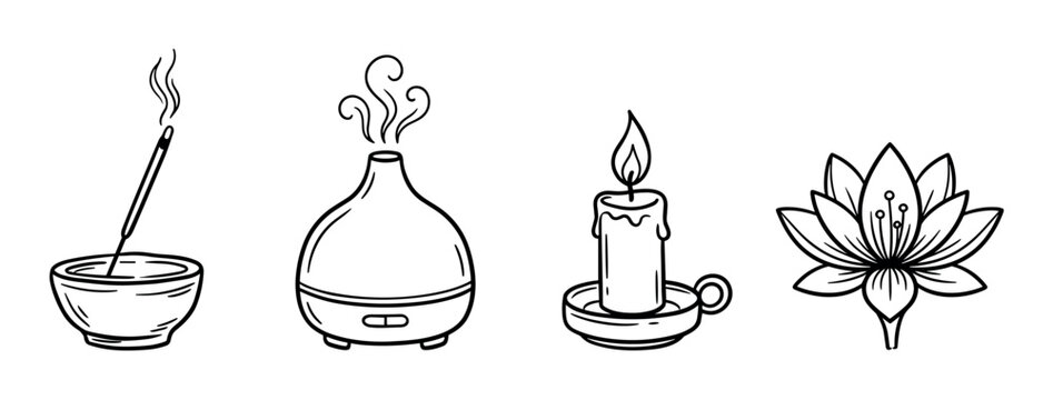 Incense stick, aroma diffuser, burning candle, and lotus flower icons, hand-drawn doodle style vector illustration for relaxation and spa concepts