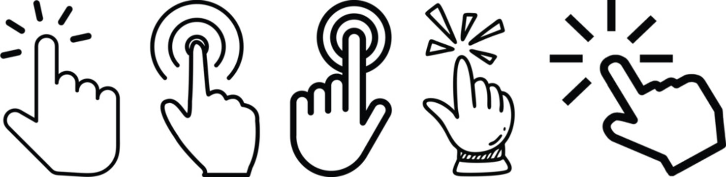 Hand Click Cursor Icon Set, Finger Touch Pointer Symbols, Tap Gesture Vector Illustration