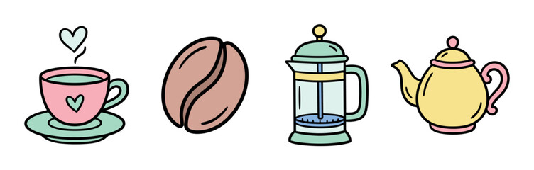 Obraz premium Coffee cup, bean, French press, and teapot icons in a cute hand-drawn cartoon style vector illustration for beverage concepts