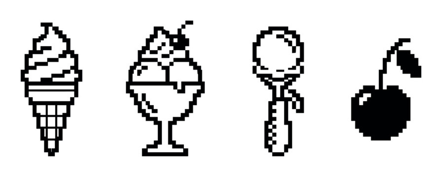 Ice cream cone, sundae, scoop, and cherry pixel art icons, a retro 8-bit style vector illustration set for games or digital projects
