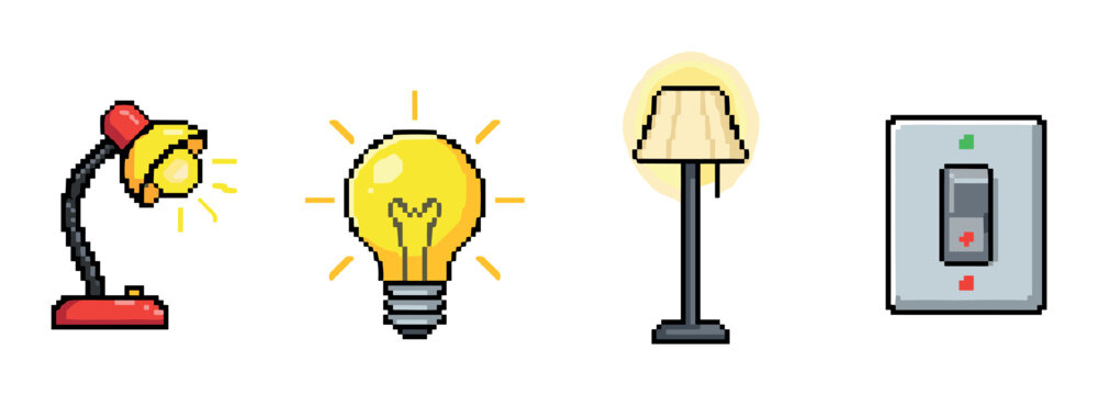 Desk lamp, glowing light bulb, floor lamp, and light switch pixel art icons set, retro 8-bit style vector illustration