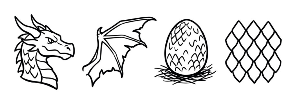 Dragon head, wing, egg, and scale pattern icons, a fantasy creature vector illustration set for mythology and fairy tale designs