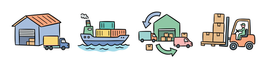 Naklejka premium Warehouse truck ship forklift delivery logistics supply chain icons set, hand drawn doodle style vector illustration for transportation and distribution concepts