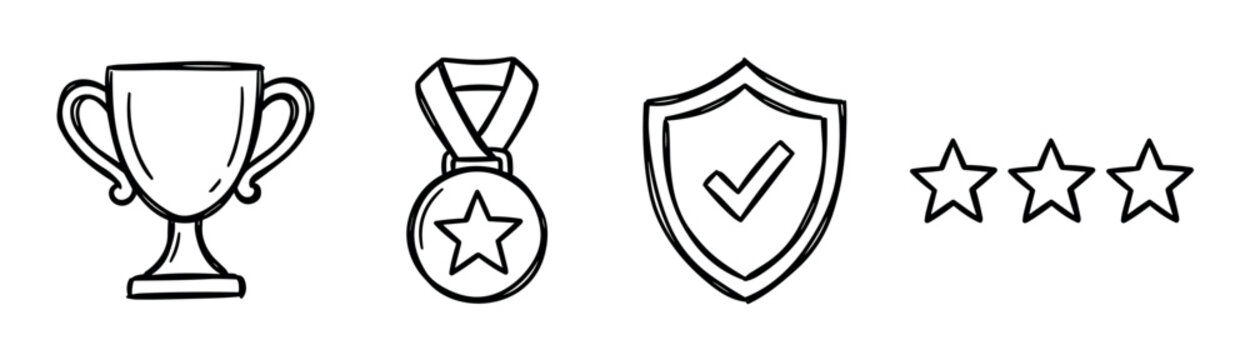Trophy cup, medal with star, shield with checkmark, and three star icons in a hand-drawn doodle style vector illustration