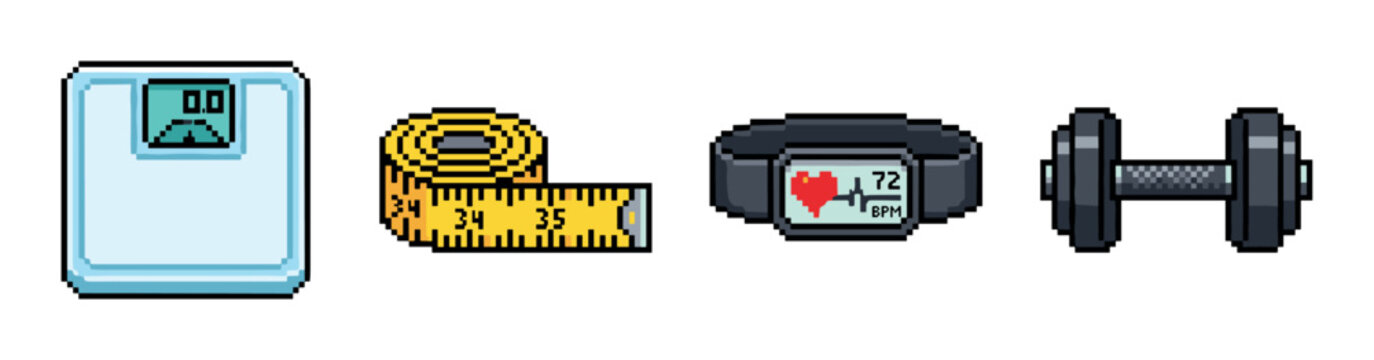 Weight scale, measuring tape, fitness tracker, and dumbbell pixel art icons representing health and exercise in a retro video game style