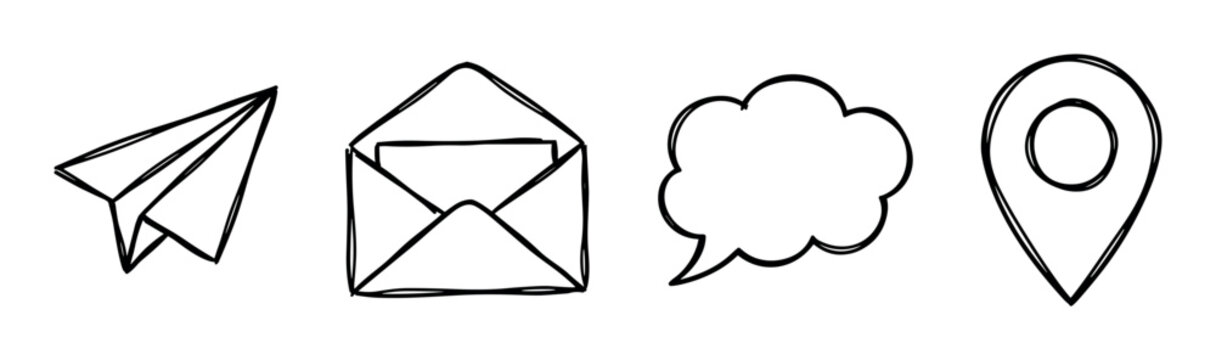 Paper plane, open envelope, speech bubble, and location pin icons in a hand-drawn doodle style vector illustration
