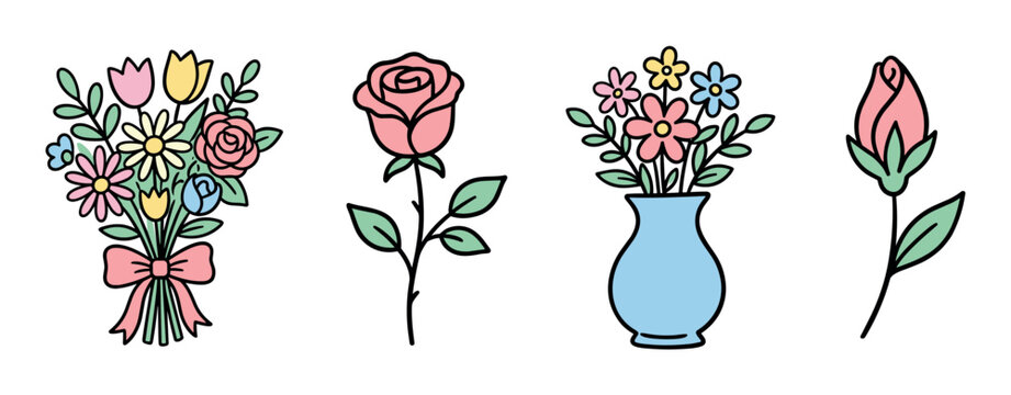 Bouquet of flowers, single rose, vase with flowers, and rosebud icons in a charming doodle style vector illustration set for spring and celebration designs