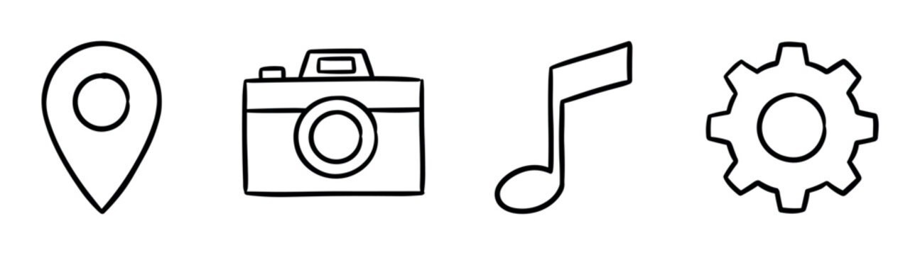 Location pin camera music note gear icons, hand drawn doodle style vector illustration for web and mobile applications