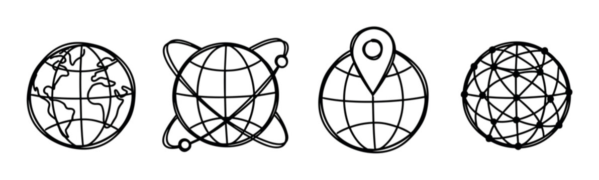 Earth globe world map location pin network connection icons set, hand drawn doodle style vector illustration for global communication and travel concepts
