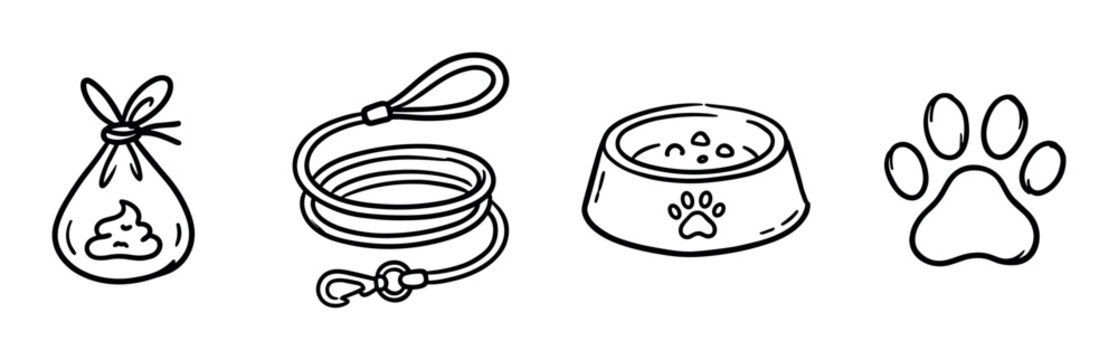 Poop bag, leash, food bowl, and paw print icons, hand drawn doodle style vector illustration for pet care and animal concepts