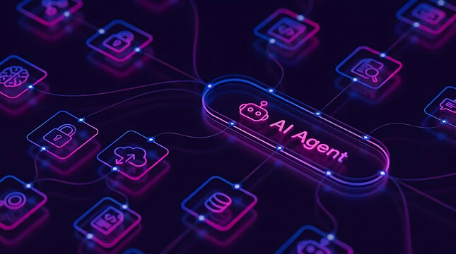 Futuristic AI agent concept with glowing network flowchart and technology ecosystem icons on dark background